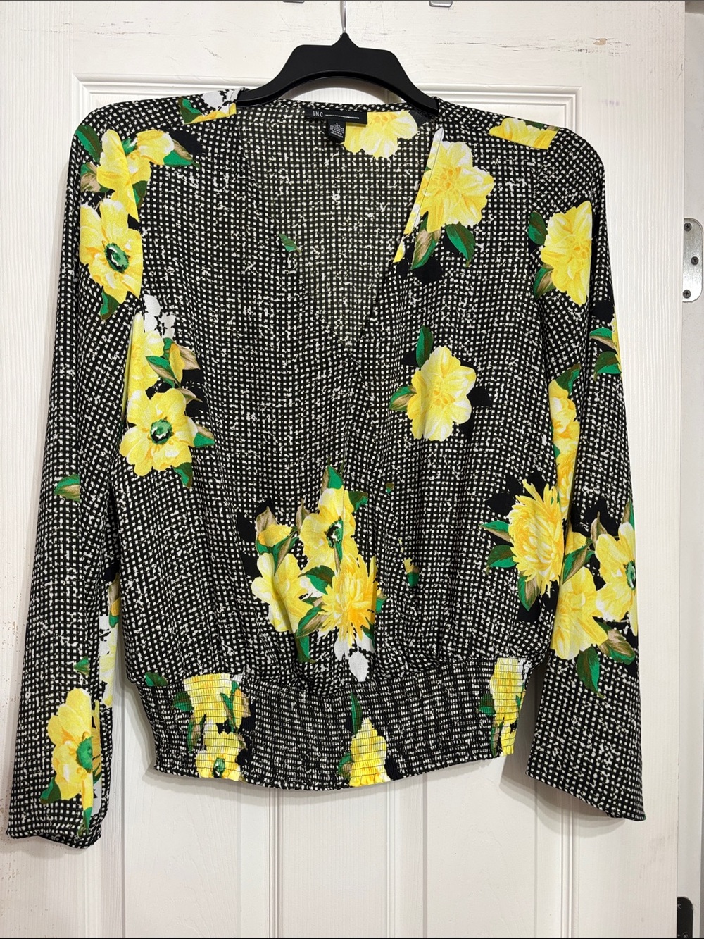 INC International Concepts Black Grid V-Neck Blouse with Yellow Floral Print